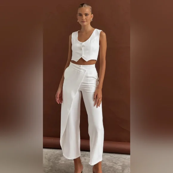 COMMENSE Solid Wet Asymetrical Straight Leg Pants Set Sz L NWT - Picture 5 of 13